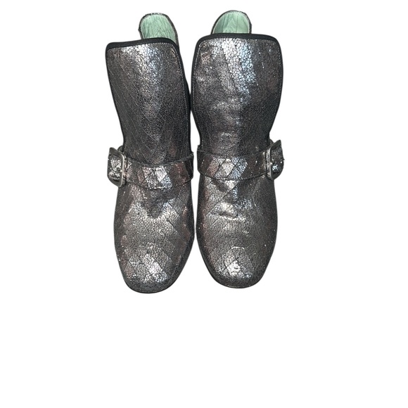 Anthropologie Paoli Arcana metallic Silver Ankle Boots Buckle velvet block heel - Picture 2 of 5
